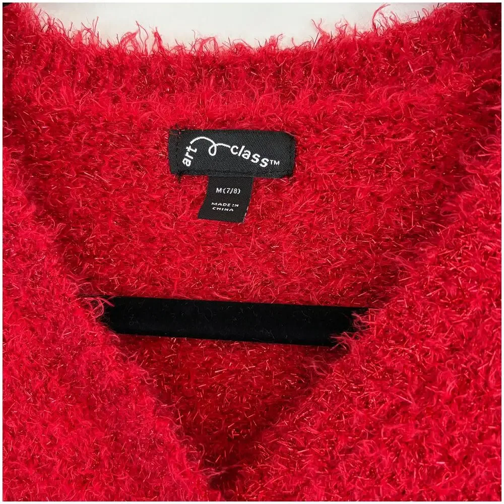 Art Class Cropped Eyelash Cardigan Sweater Girl M 7/8 Red Metallic Fuzzy Sparkle